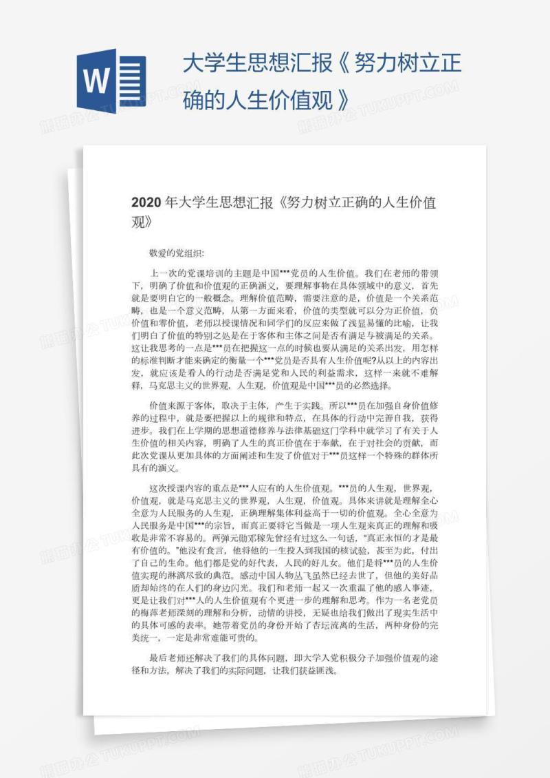 大学生思想汇报《努力树立正确的人生价值观》