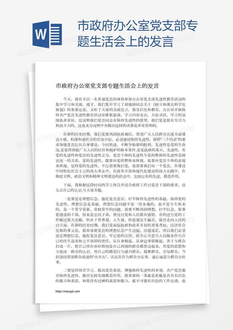 市政府办公室党支部专题生活会上的发言