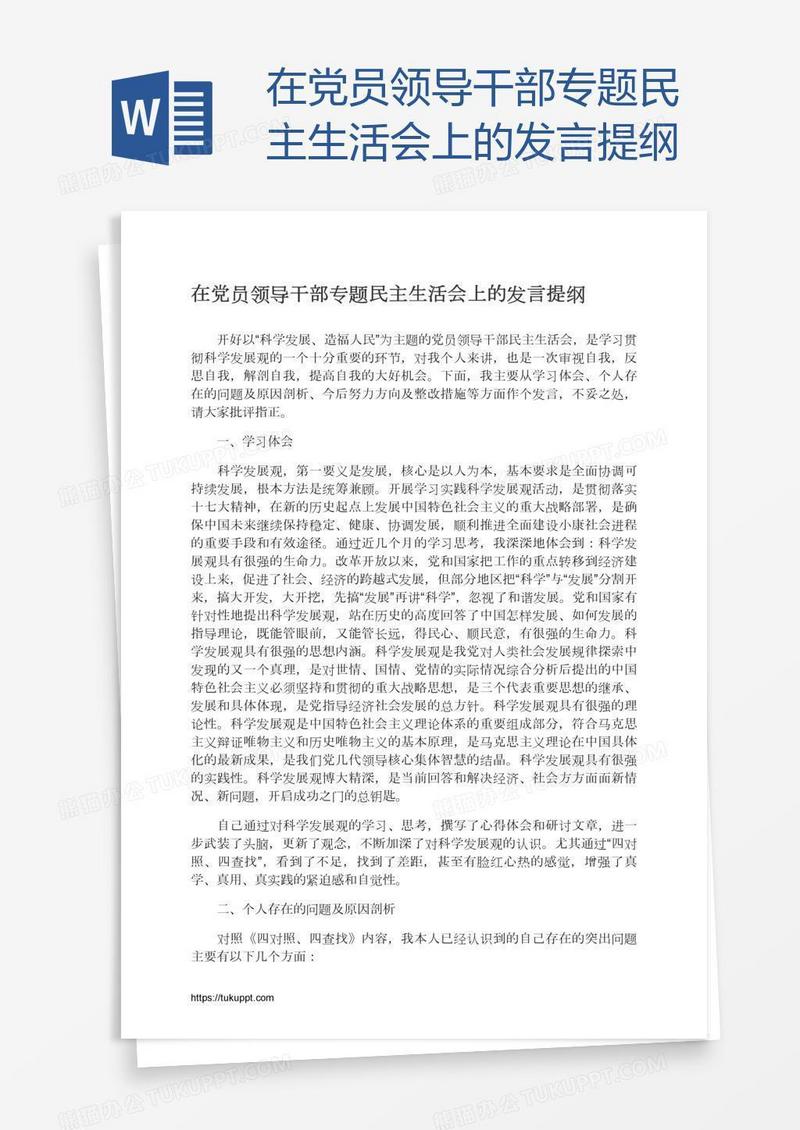 在党员领导干部专题民主生活会上的发言提纲