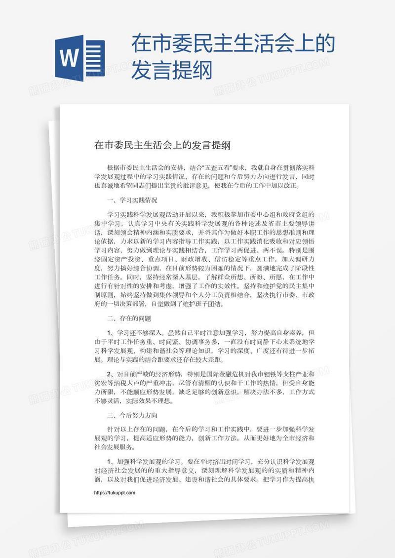 在市委民主生活会上的发言提纲