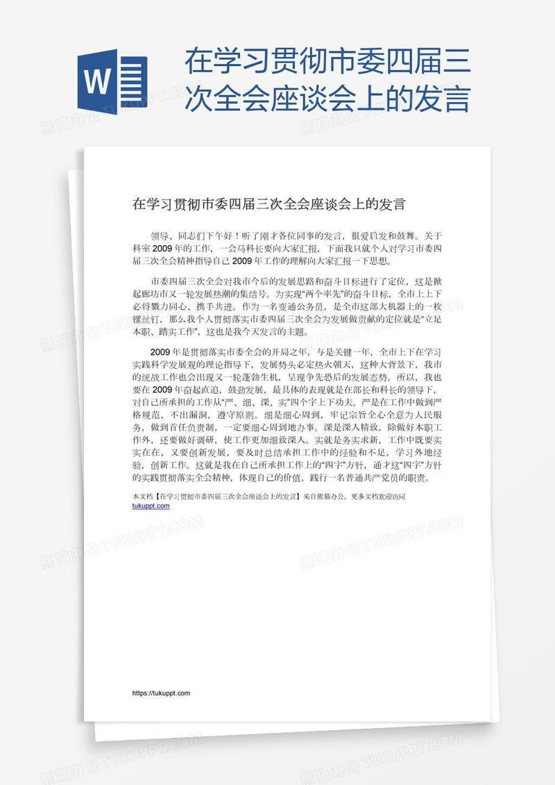 在学习贯彻市委四届三次全会座谈会上的发言