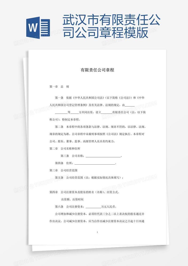 武汉市有限责任公司公司章程模版