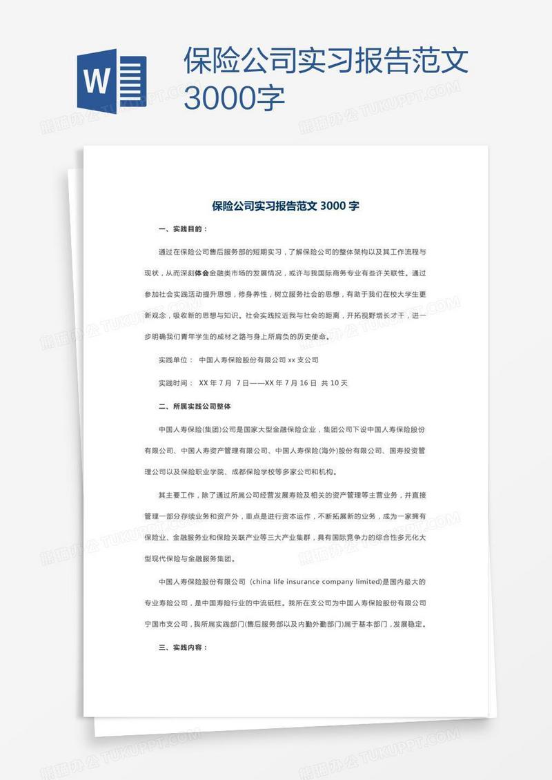 保险公司实习报告范文3000字