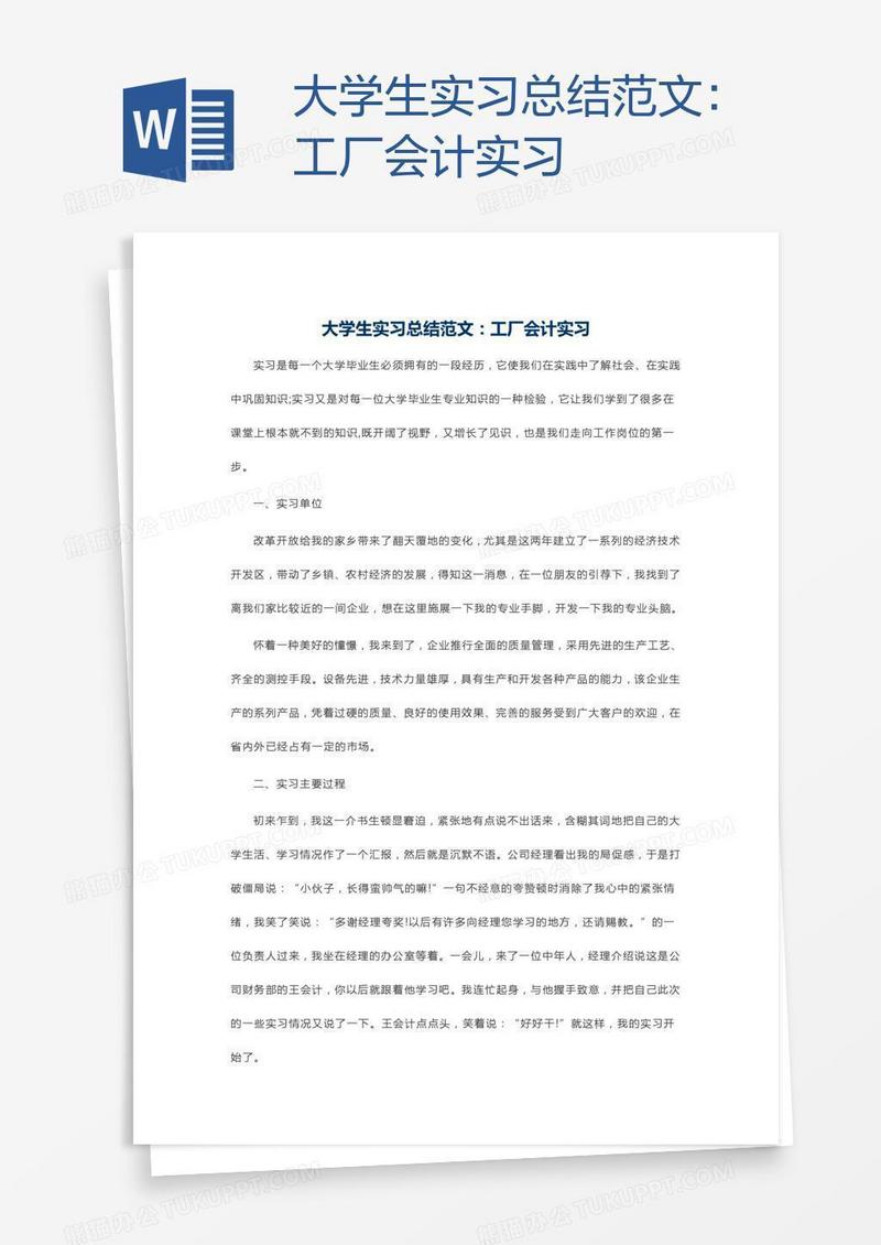 大学生实习总结范文：工厂会计实习
