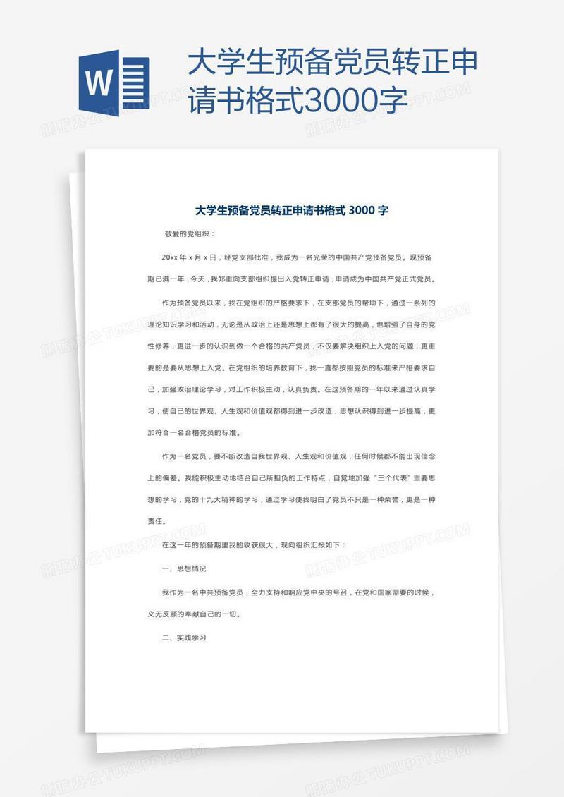 大学生预备党员转正申请书格式3000字