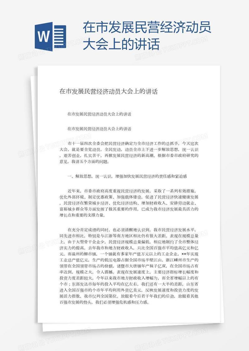 在市发展民营经济动员大会上的讲话