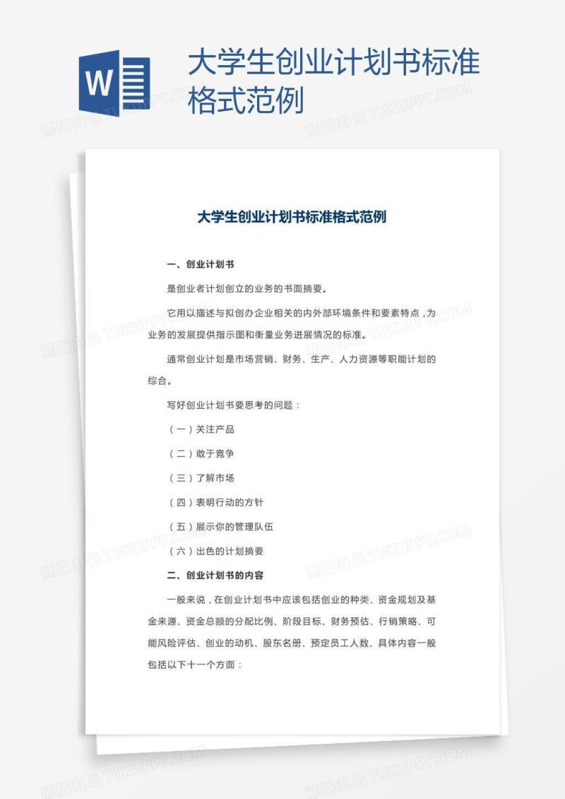 大学生创业计划书标准格式范例
