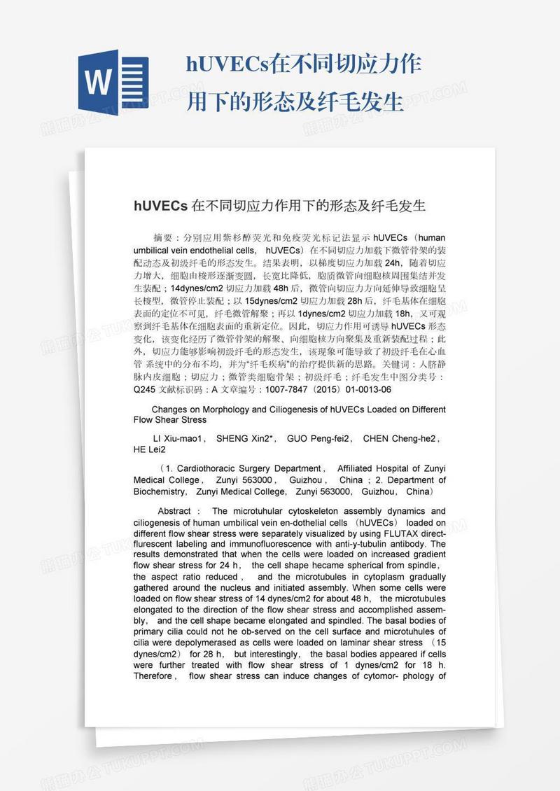 hUVECs在不同切应力作用下的形态及纤毛发生