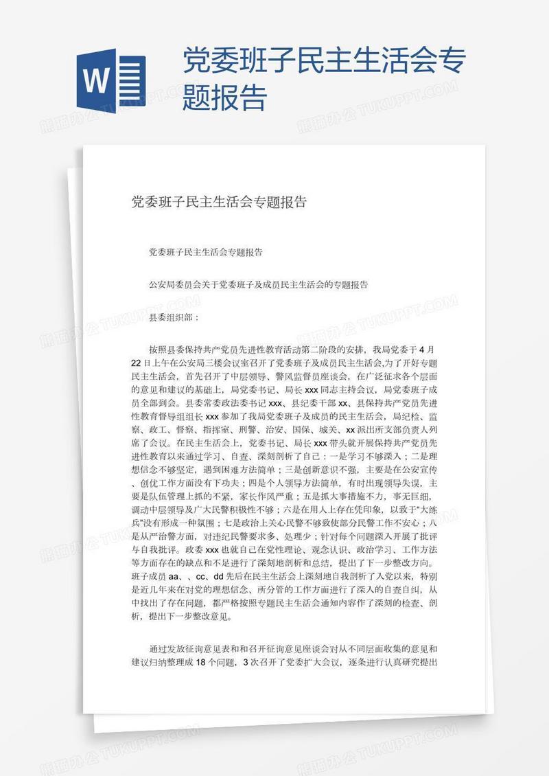 党委班子民主生活会专题报告