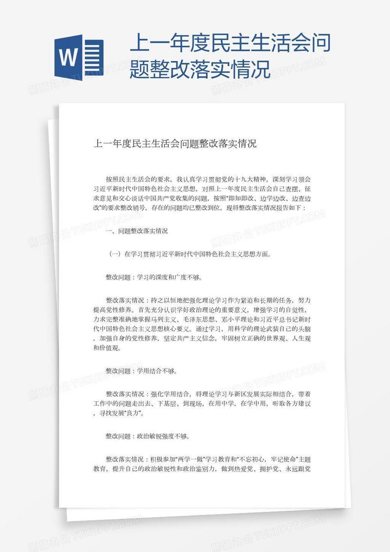 上一年度民主生活会问题整改落实情况