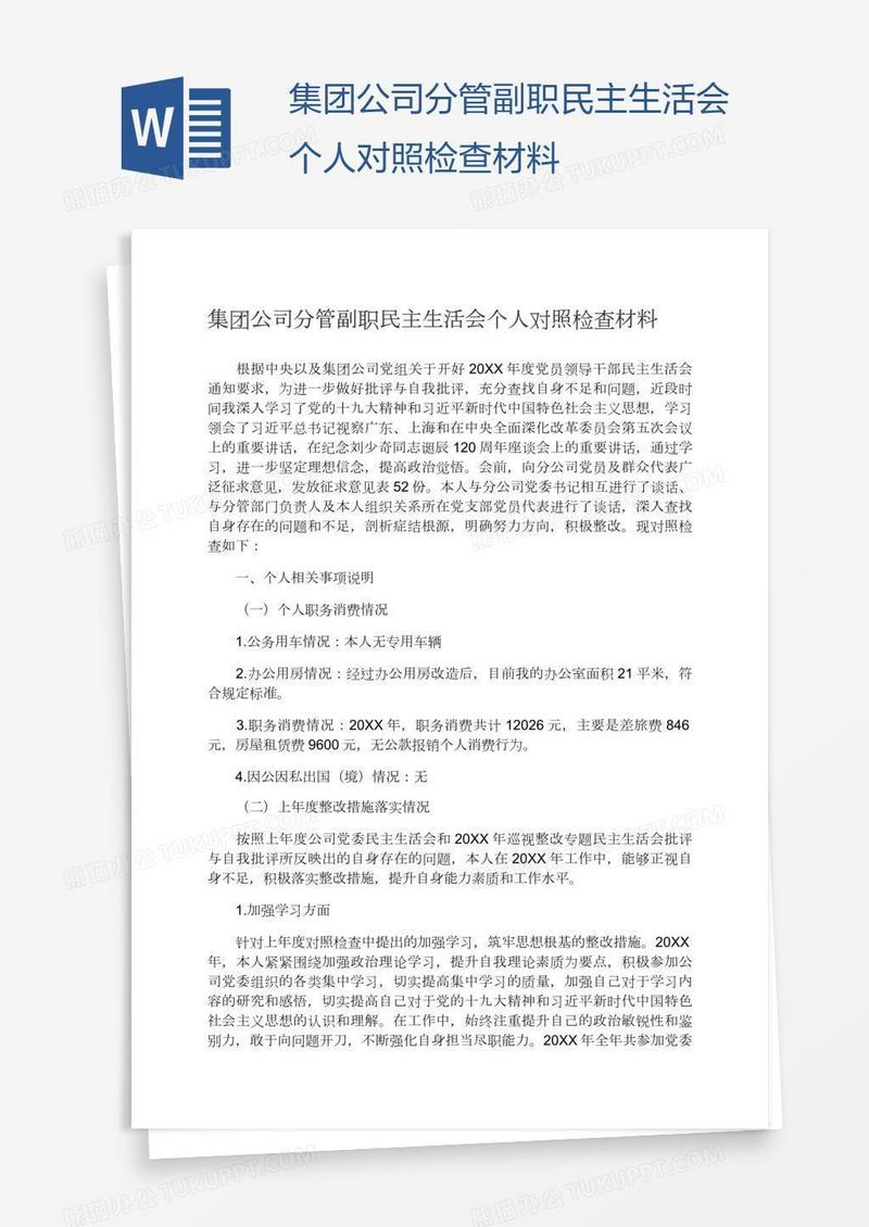 集团公司分管副职民主生活会个人对照检查材料