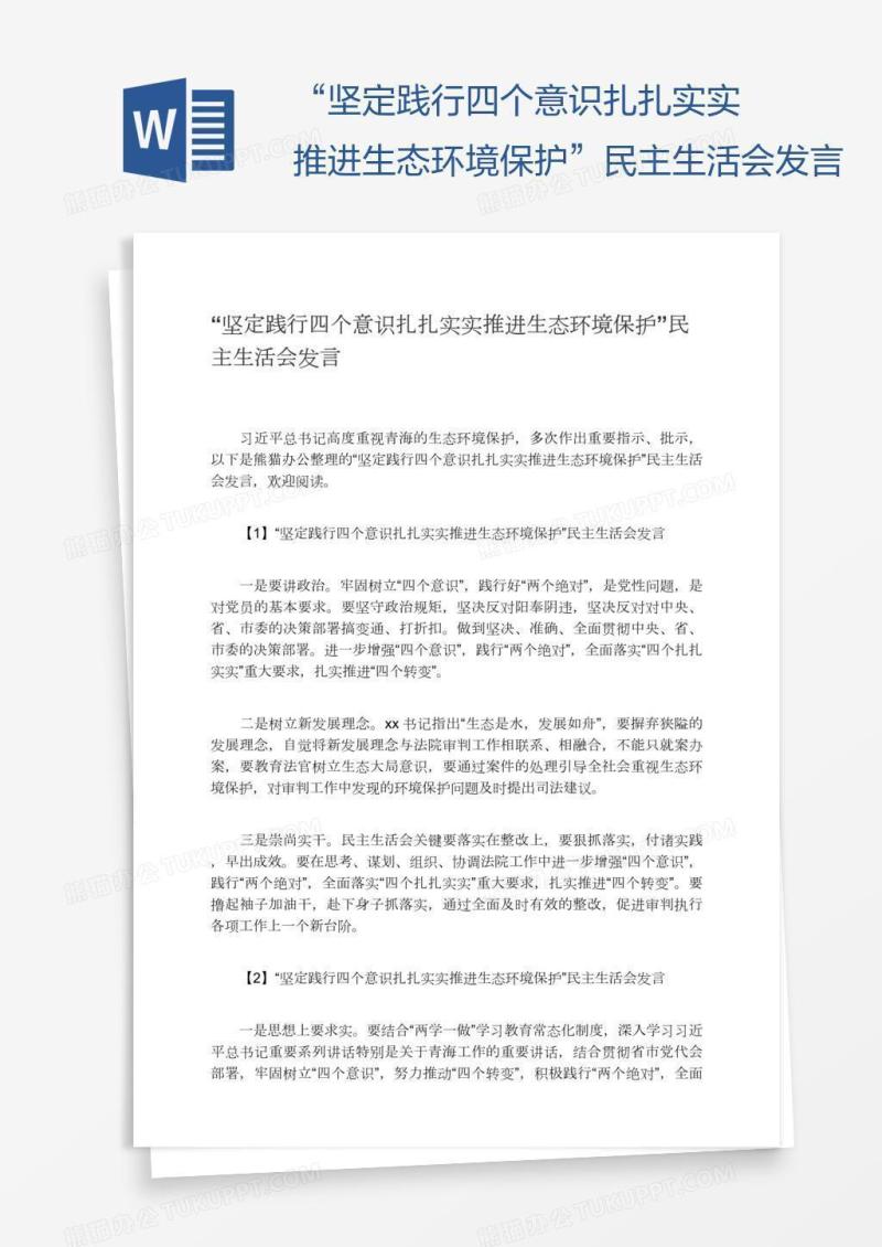 “坚定践行四个意识扎扎实实推进生态环境保护”民主生活会发言