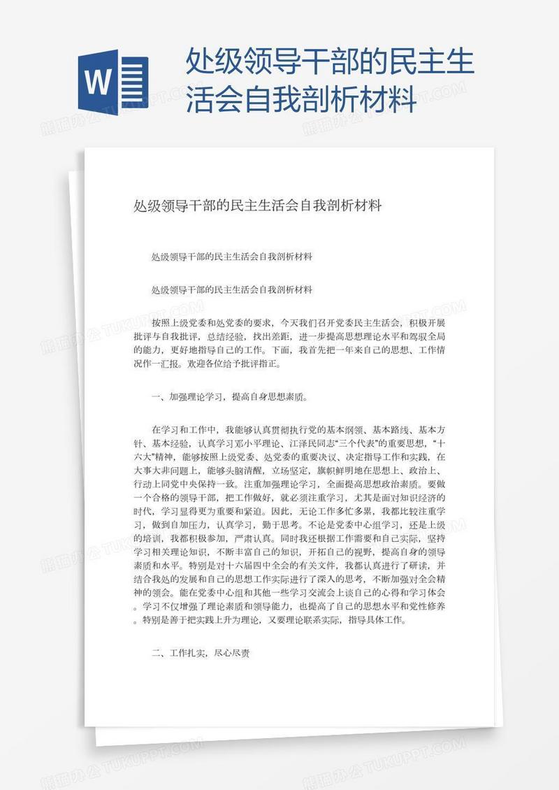处级领导干部的民主生活会自我剖析材料
