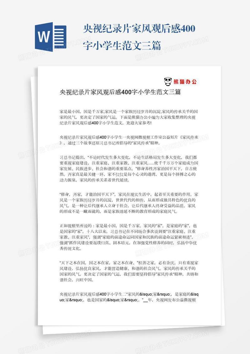 央视纪录片家风观后感400字小学生范文三篇