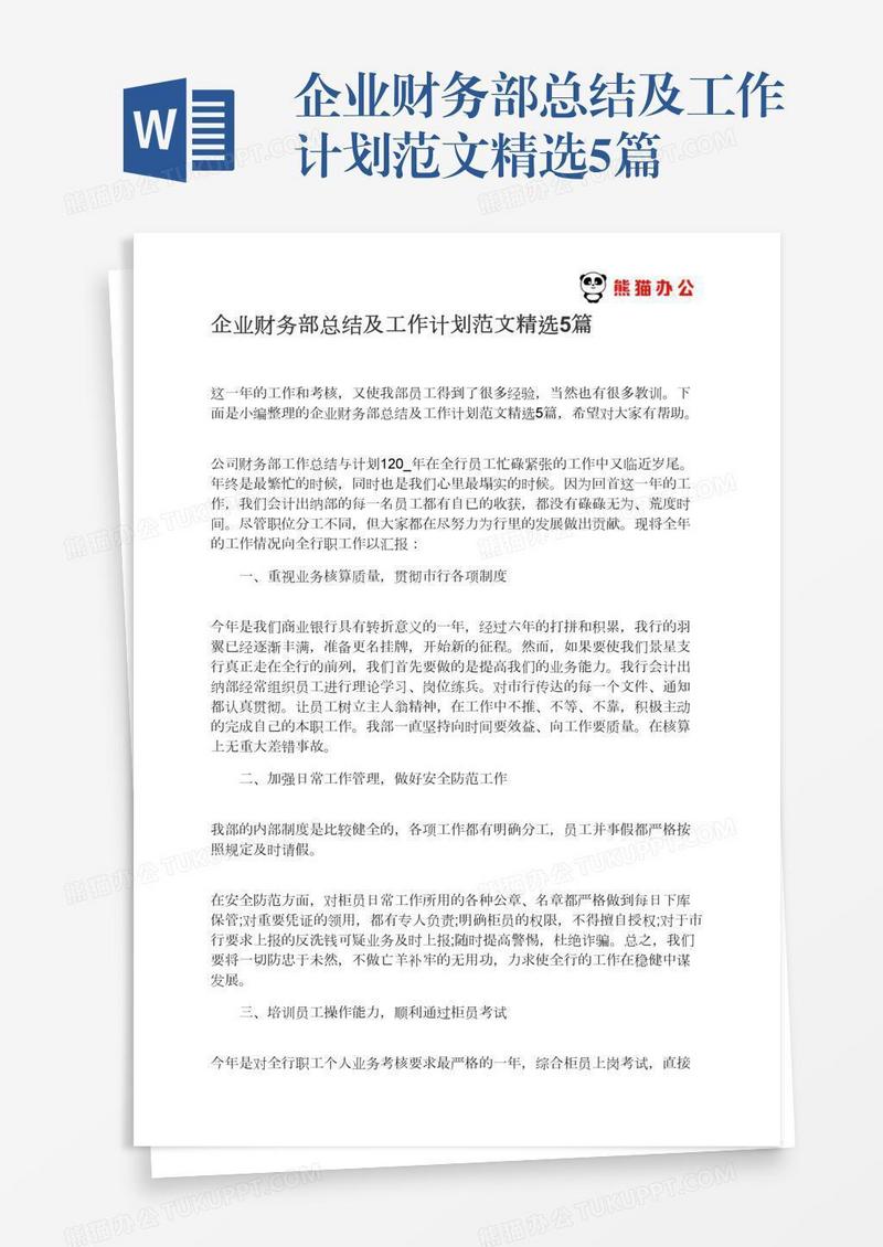 企业财务部总结及工作计划范文精选5篇