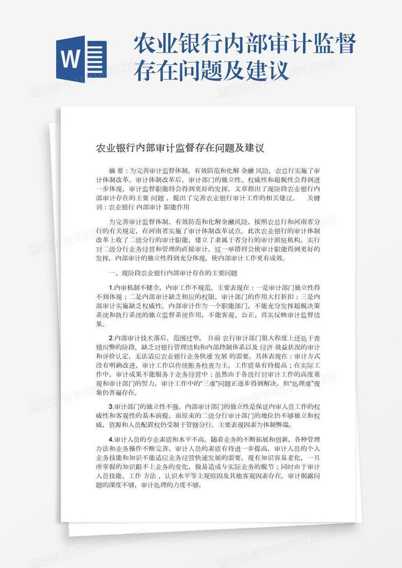 农业银行内部审计监督存在问题及建议