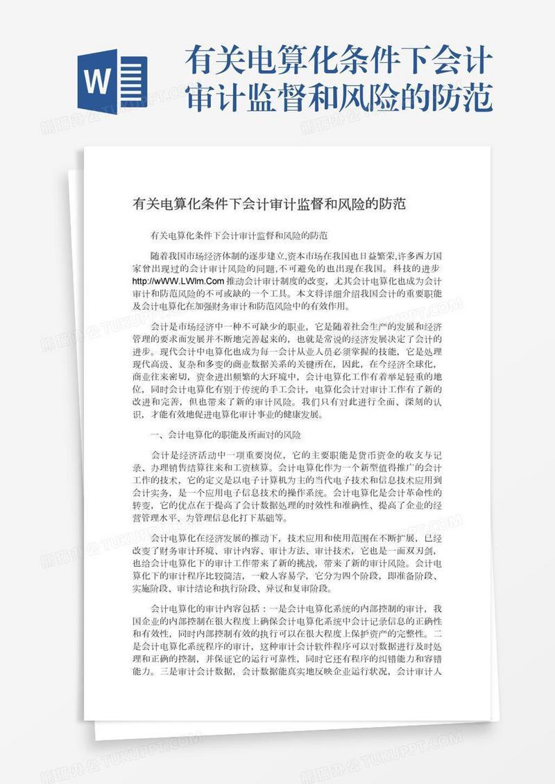 有关电算化条件下会计审计监督和风险的防范