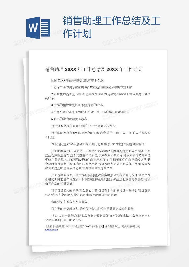 销售助理工作总结及工作计划