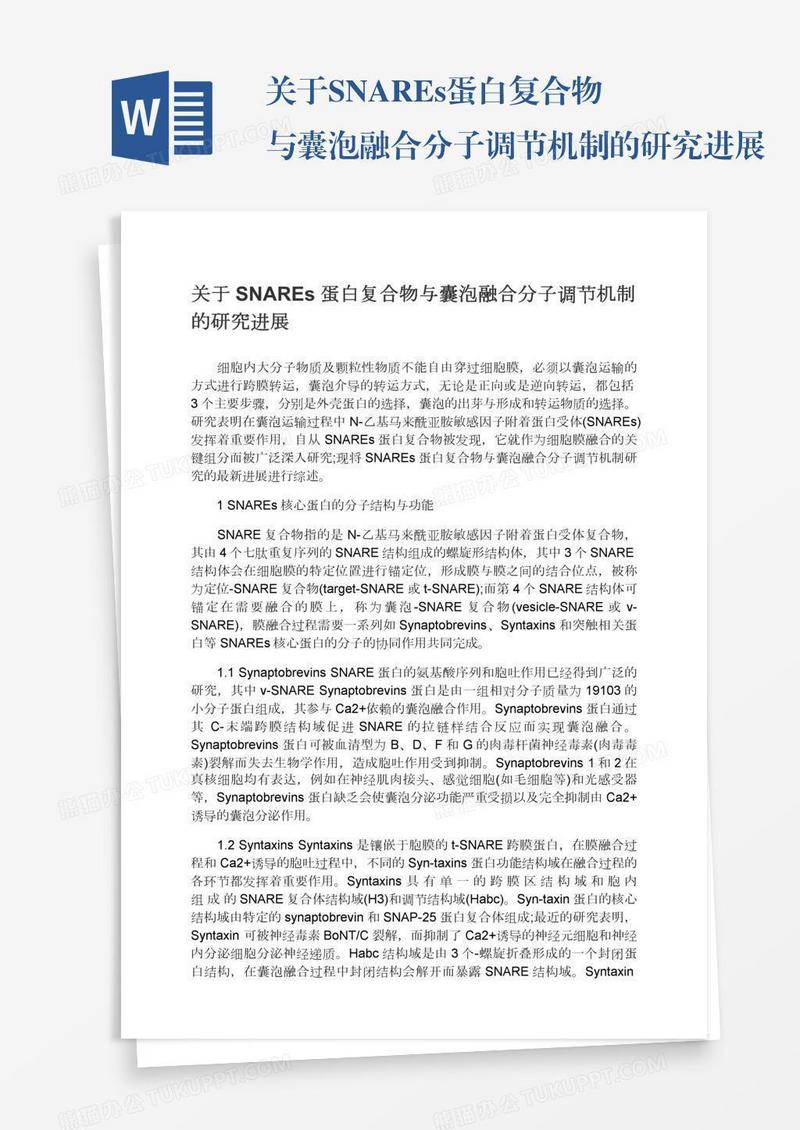 关于SNAREs蛋白复合物与囊泡融合分子调节机制的研究进展