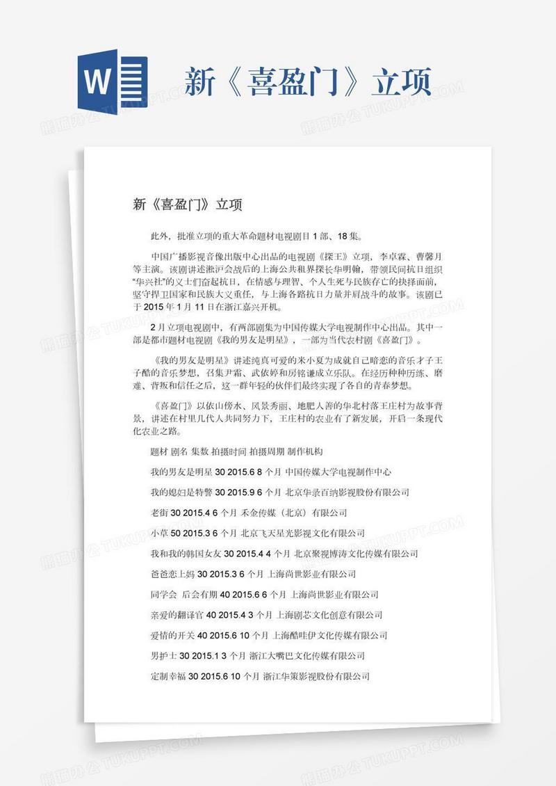 新《喜盈门》立项