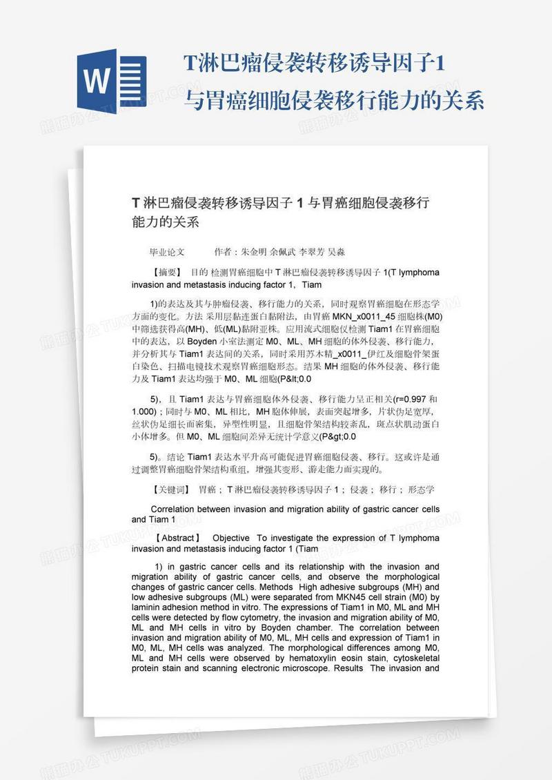 T淋巴瘤侵袭转移诱导因子1与胃癌细胞侵袭移行能力的关系