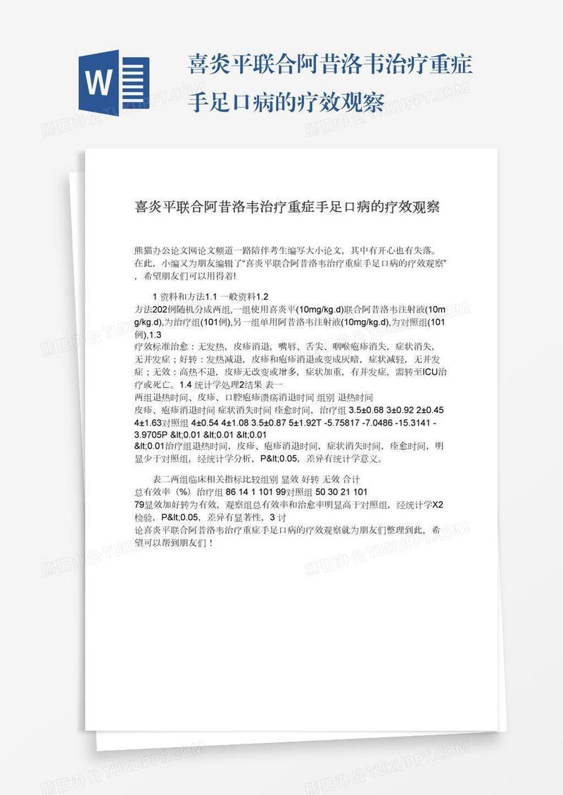 喜炎平联合阿昔洛韦治疗重症手足口病的疗效观察