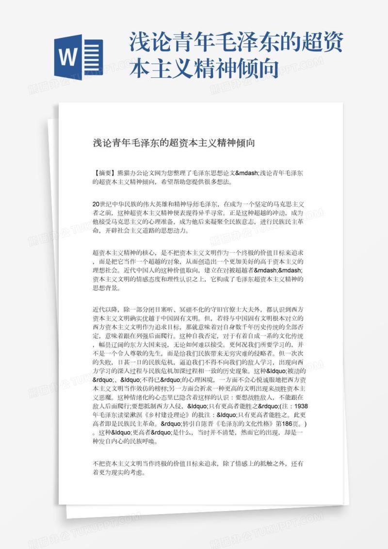 浅论青年毛泽东的超资本主义精神倾向