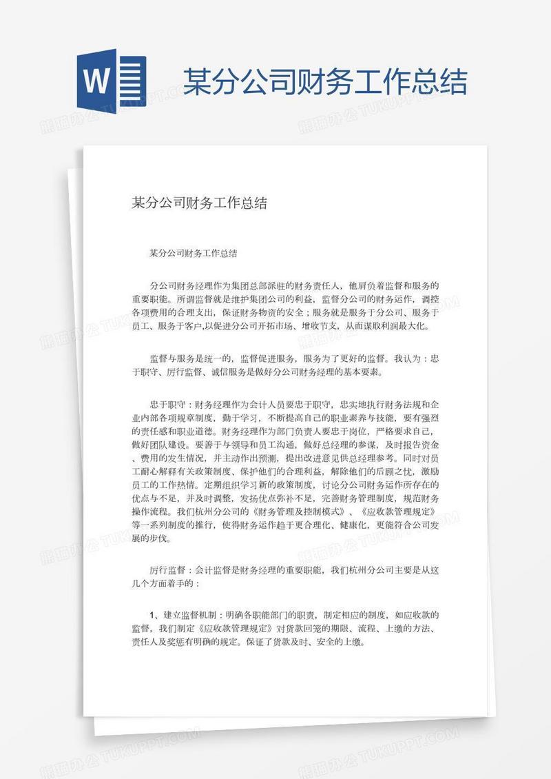 某分公司财务工作总结