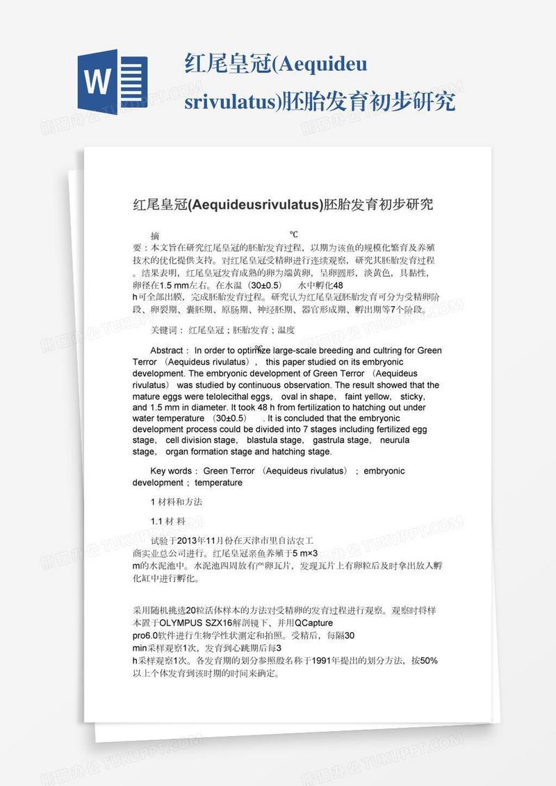 红尾皇冠(Aequideusrivulatus)胚胎发育初步研究