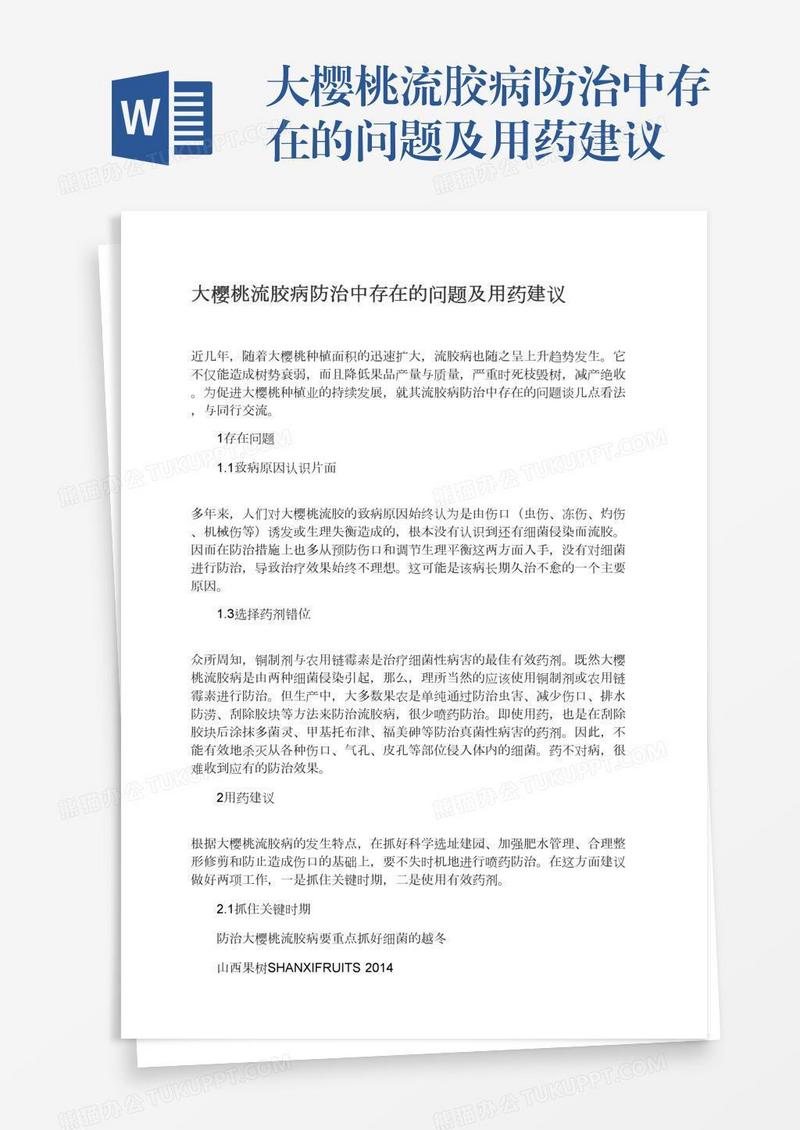 大樱桃流胶病防治中存在的问题及用药建议