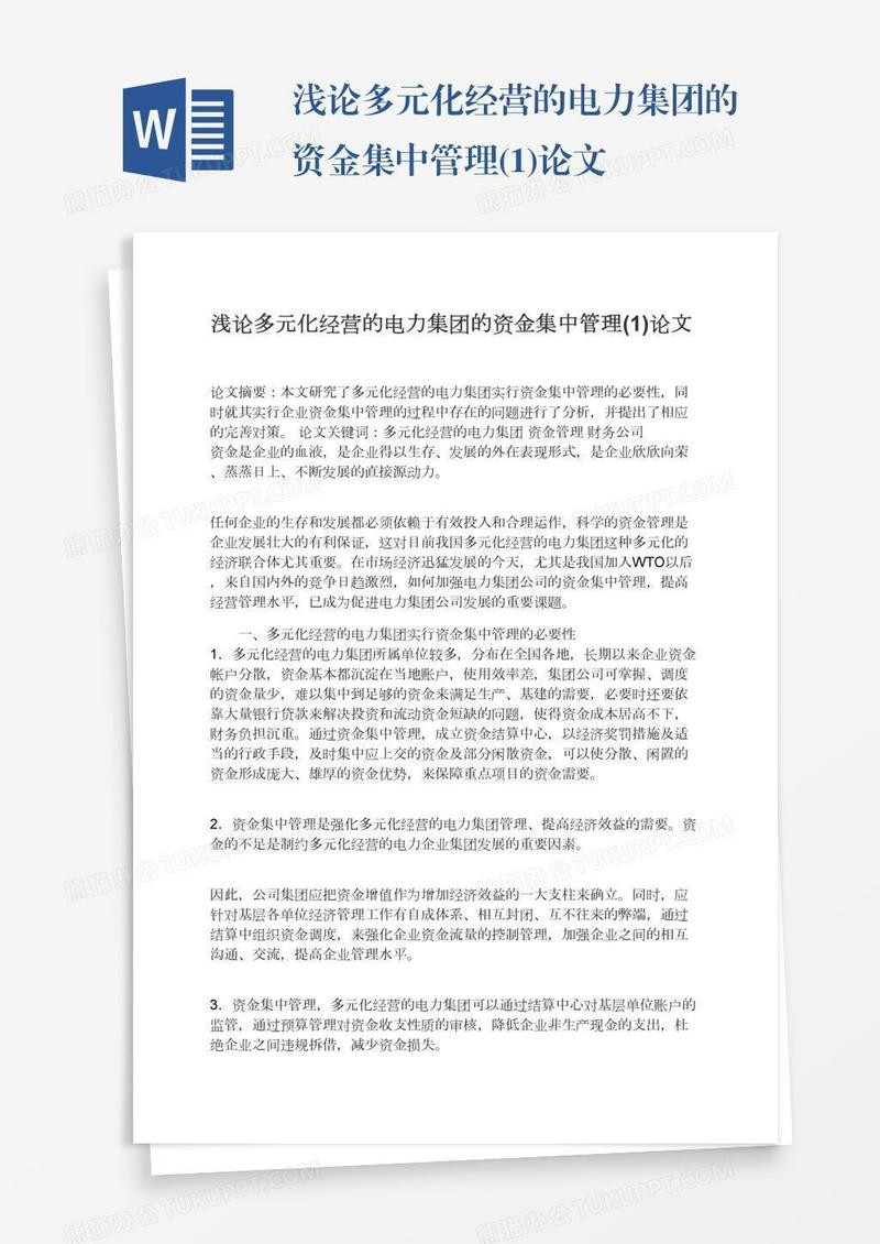 浅论多元化经营的电力集团的资金集中管理(1)论文