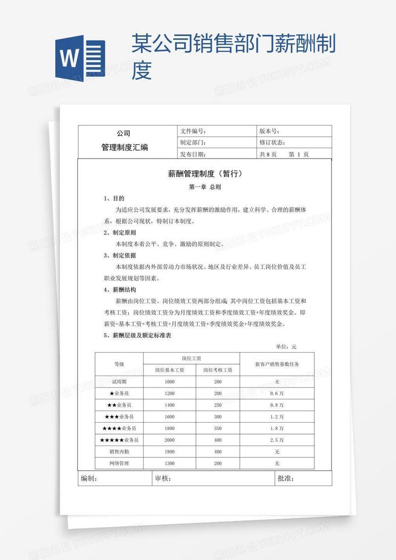 某公司销售部门薪酬制度