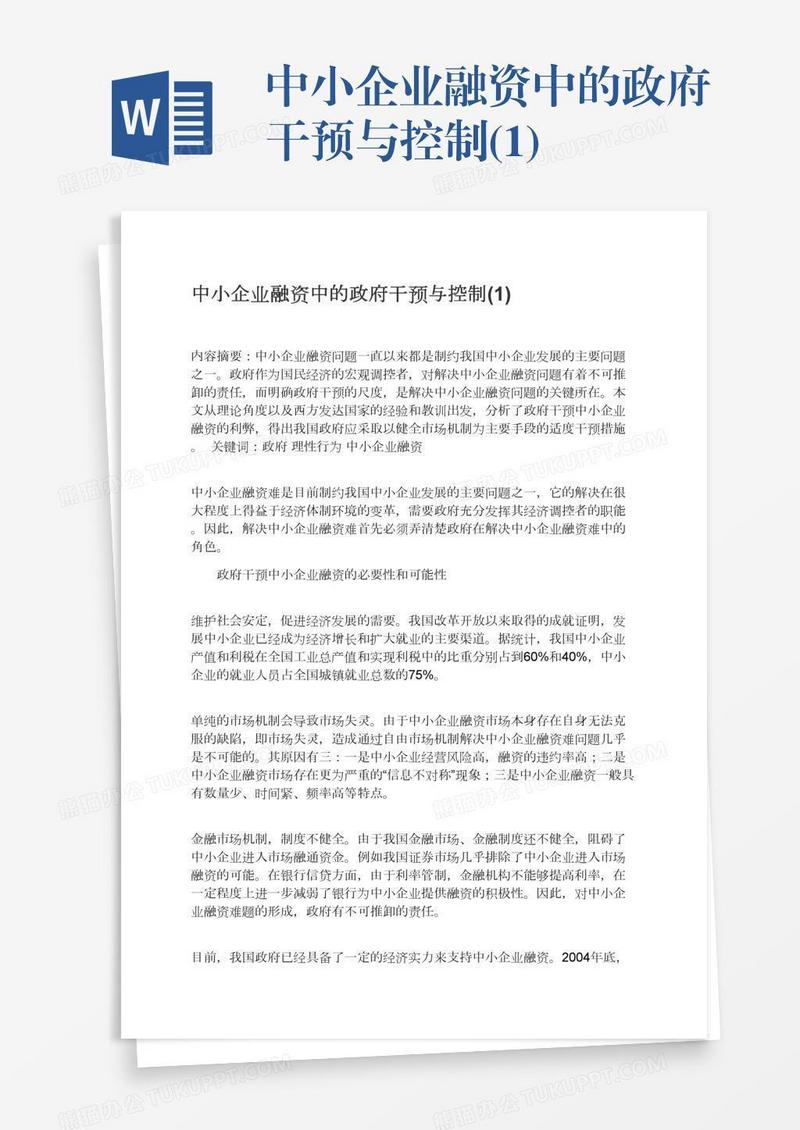 中小企业融资中的政府干预与控制(1)