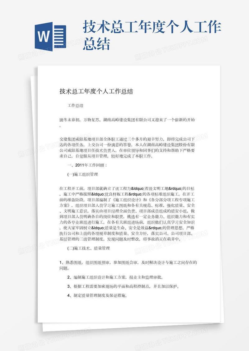 技术总工年度个人工作总结