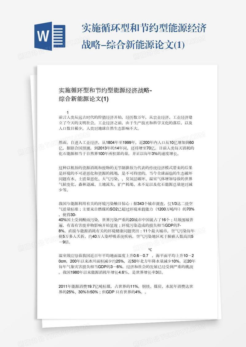 实施循环型和节约型能源经济战略-综合新能源论文(1)