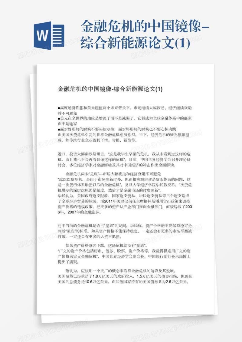 金融危机的中国镜像-综合新能源论文(1)