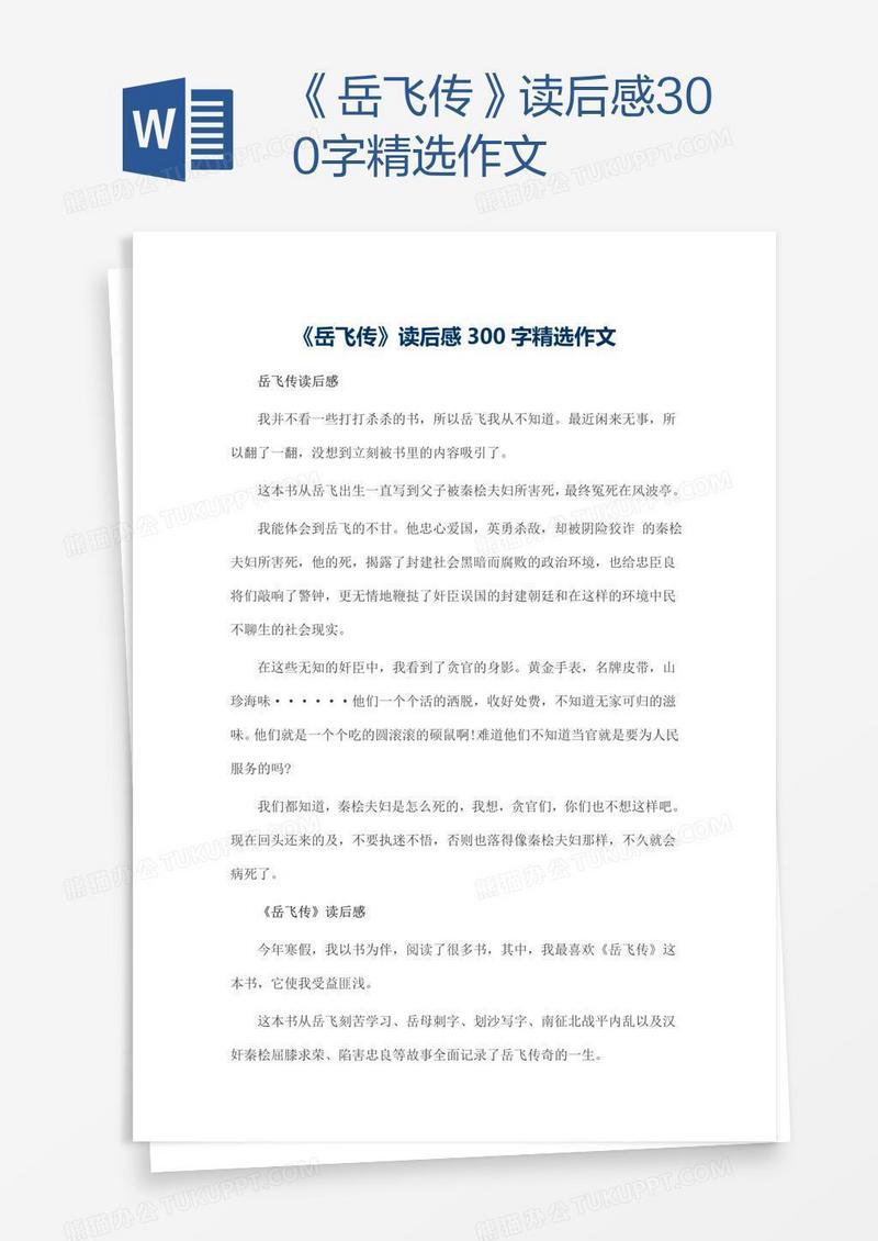 《岳飞传》读后感300字精选作文