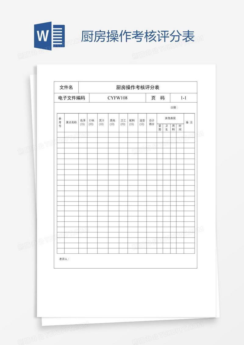 厨房操作考核评分表