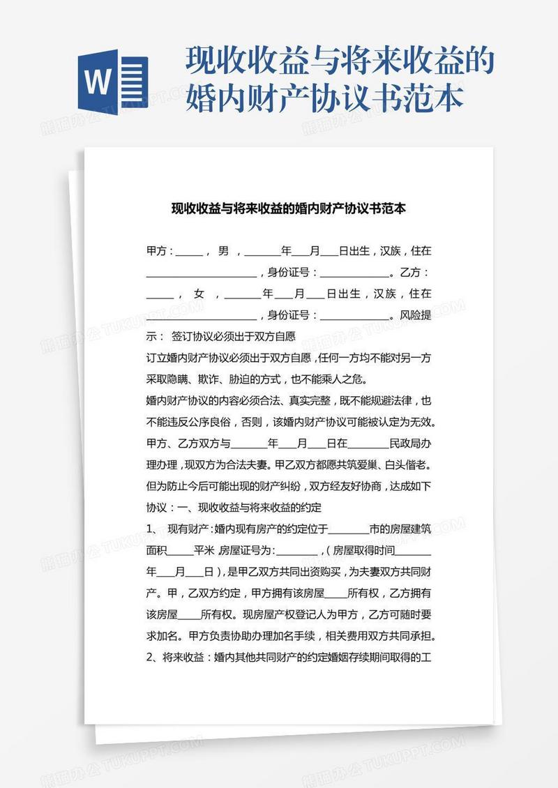 现收收益与将来收益的婚内财产协议书范本