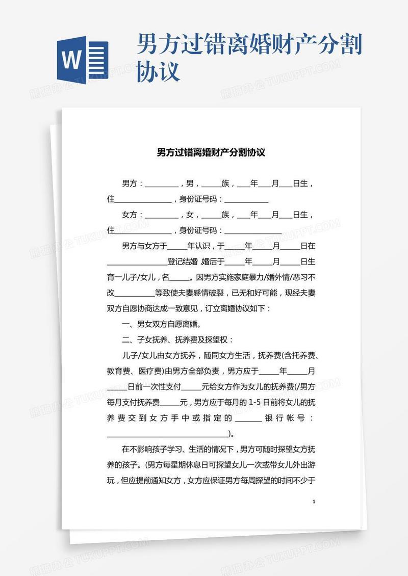 男方过错离婚财产分割协议
