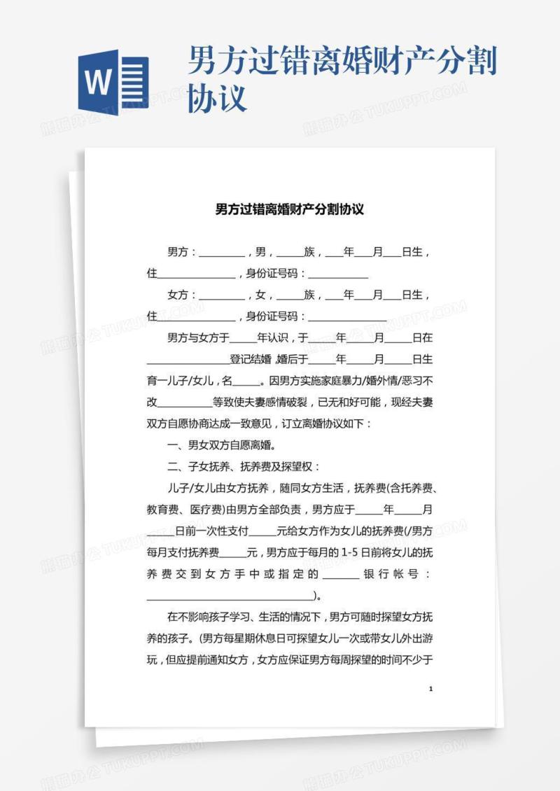 男方过错离婚财产分割协议