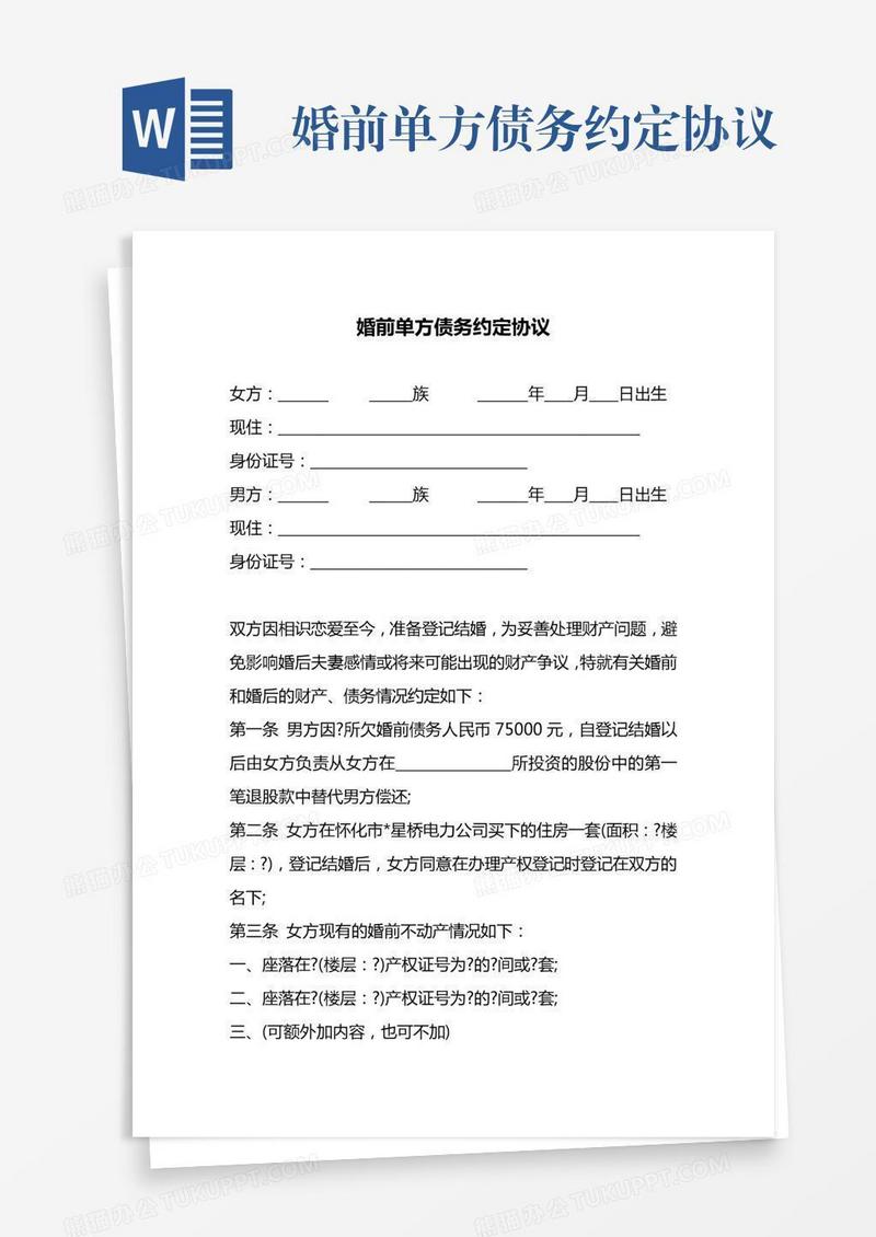 婚前单方债务约定协议