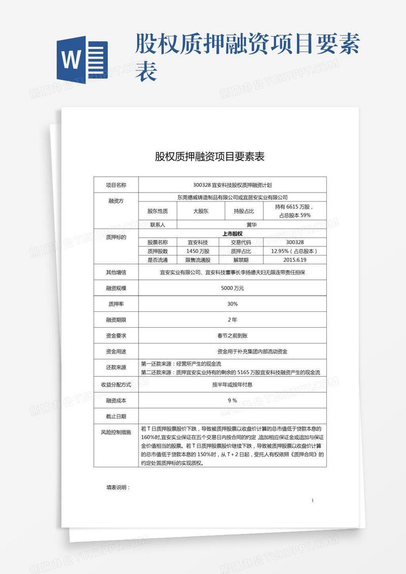 股权质押融资项目要素表