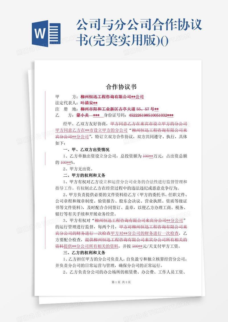 公司与分公司合作协议书(完美实用版)()