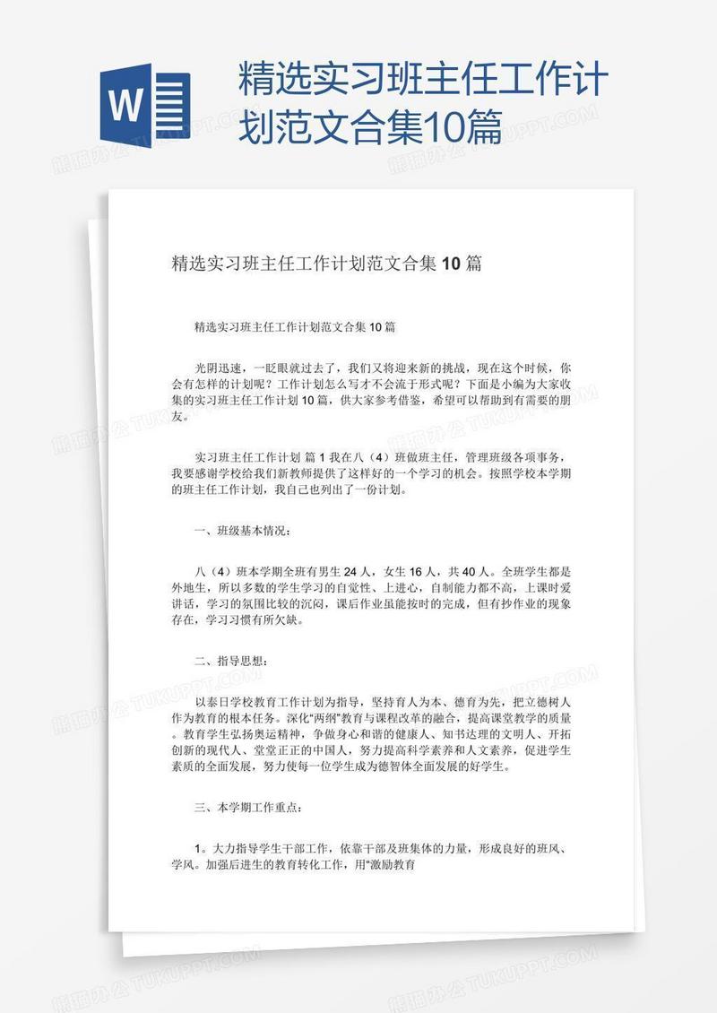 精选实习班主任工作计划范文合集10篇