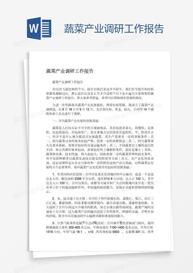 蔬菜产业调研工作报告