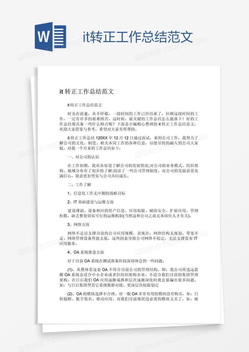 it转正工作总结范文