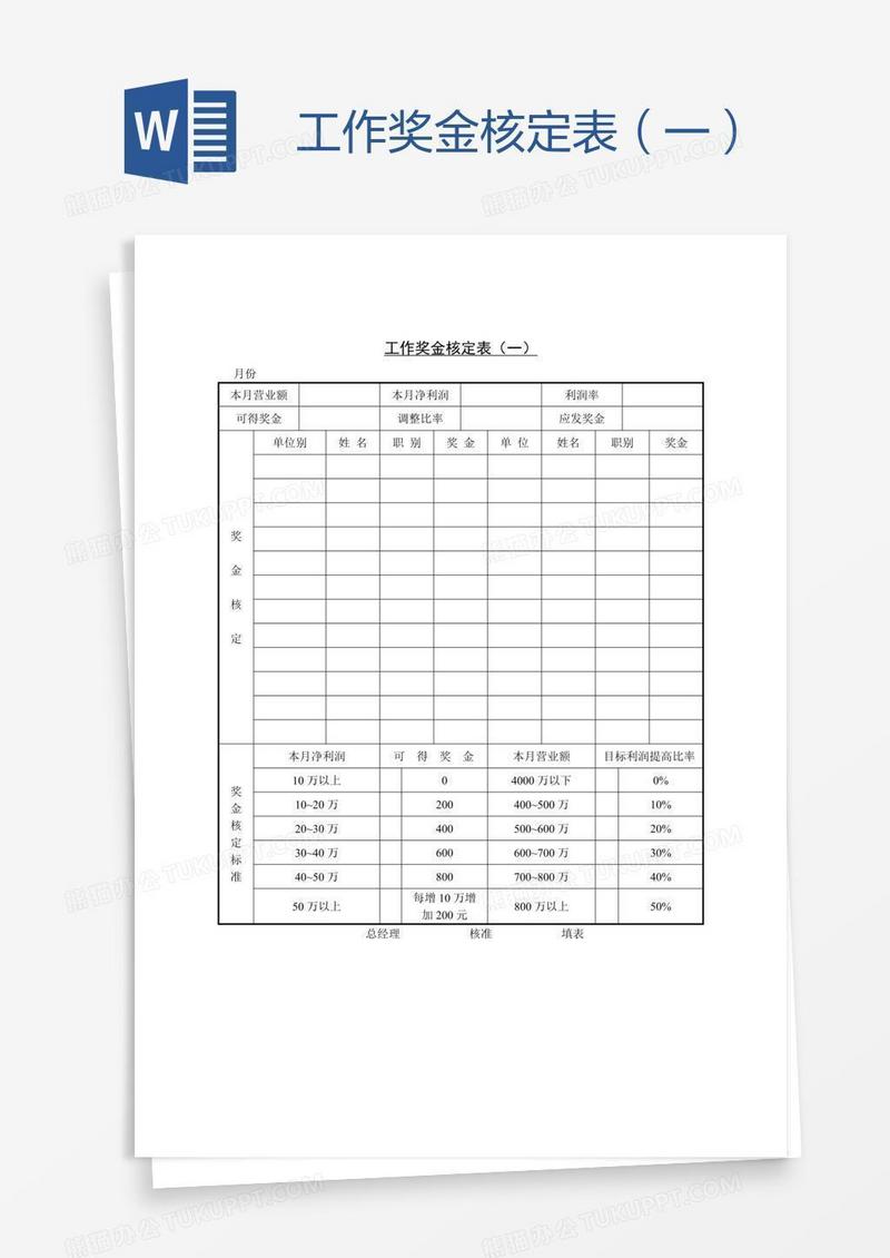 工作奖金核定表（一）