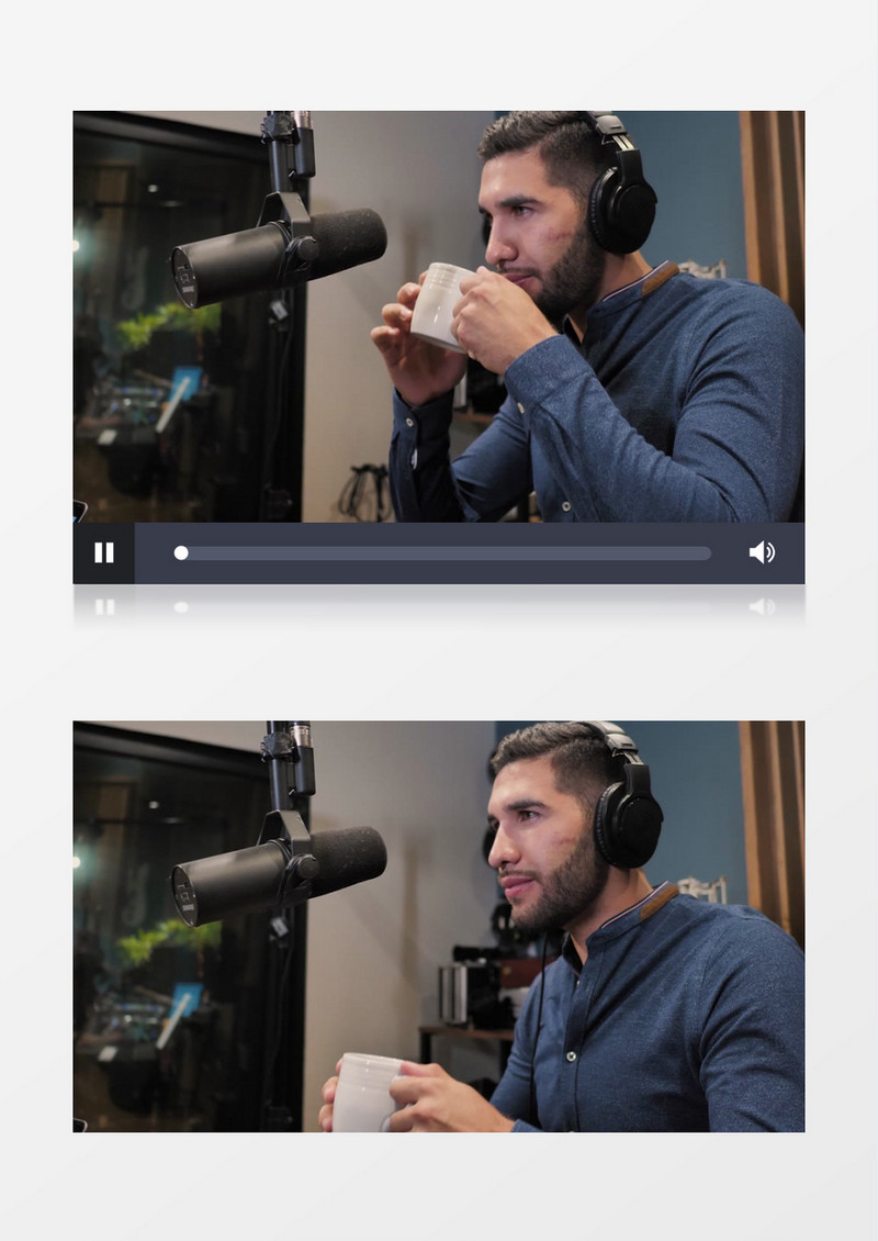 男子在录音室里一边喝咖啡一边专心听广播实拍视频素材