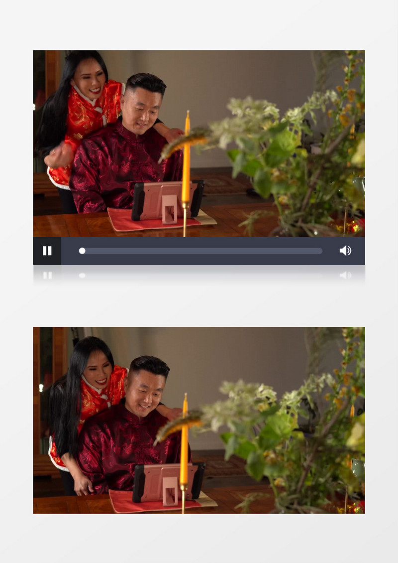 夫妻两人在桌前给友人视频实拍视频素材